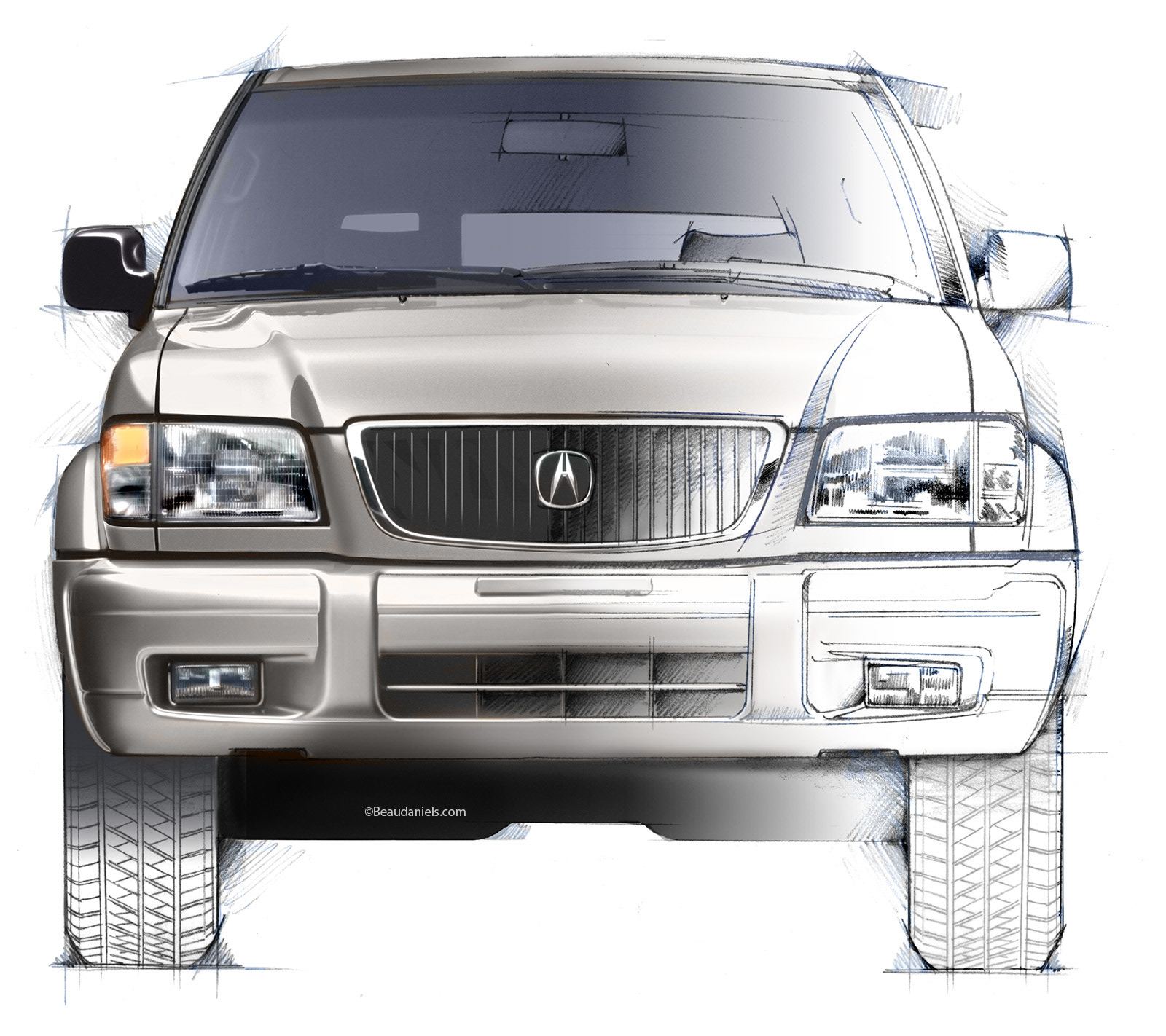 Drawn to realistic style technical illustration Acura SLX