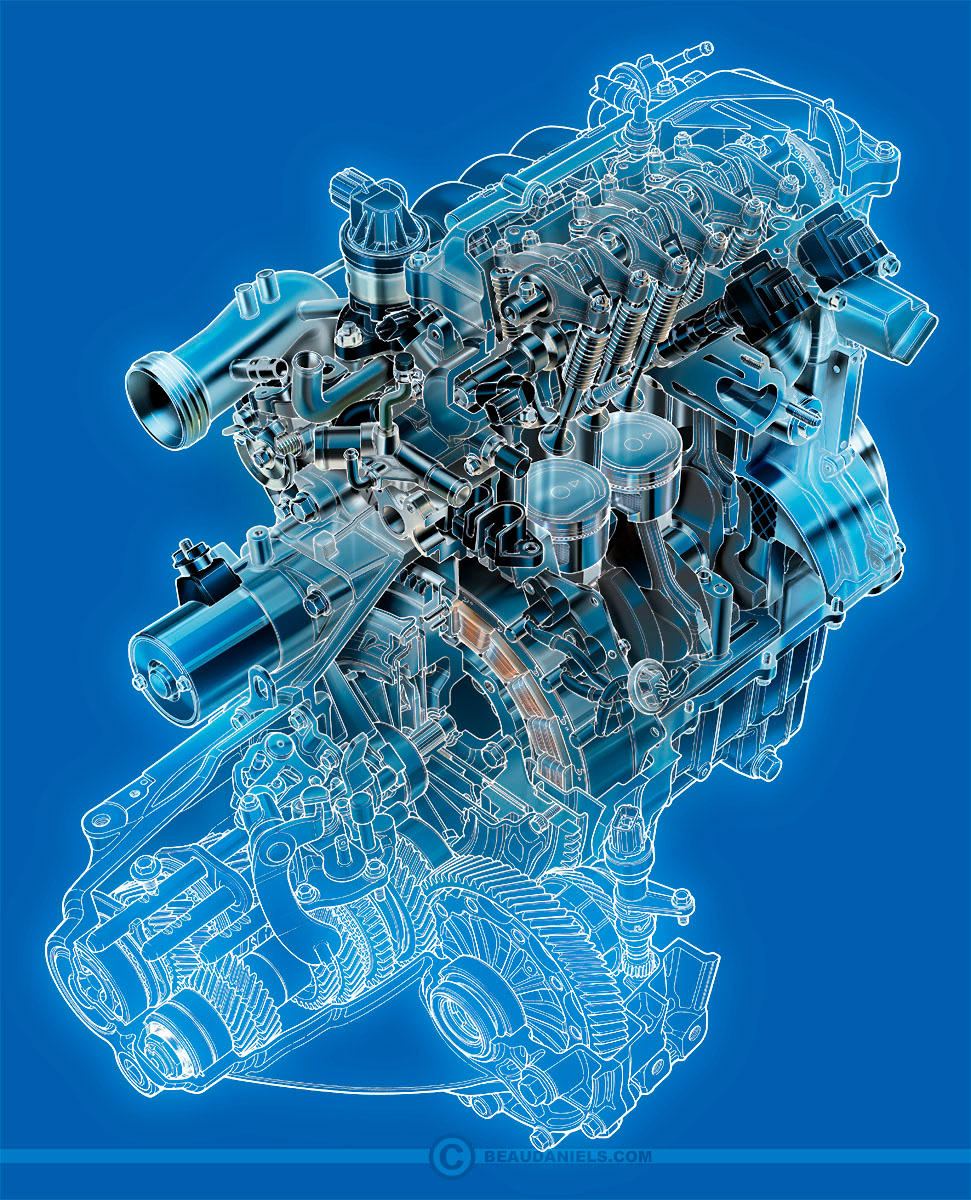 Integrated motor assist cutaway engone and transmission.