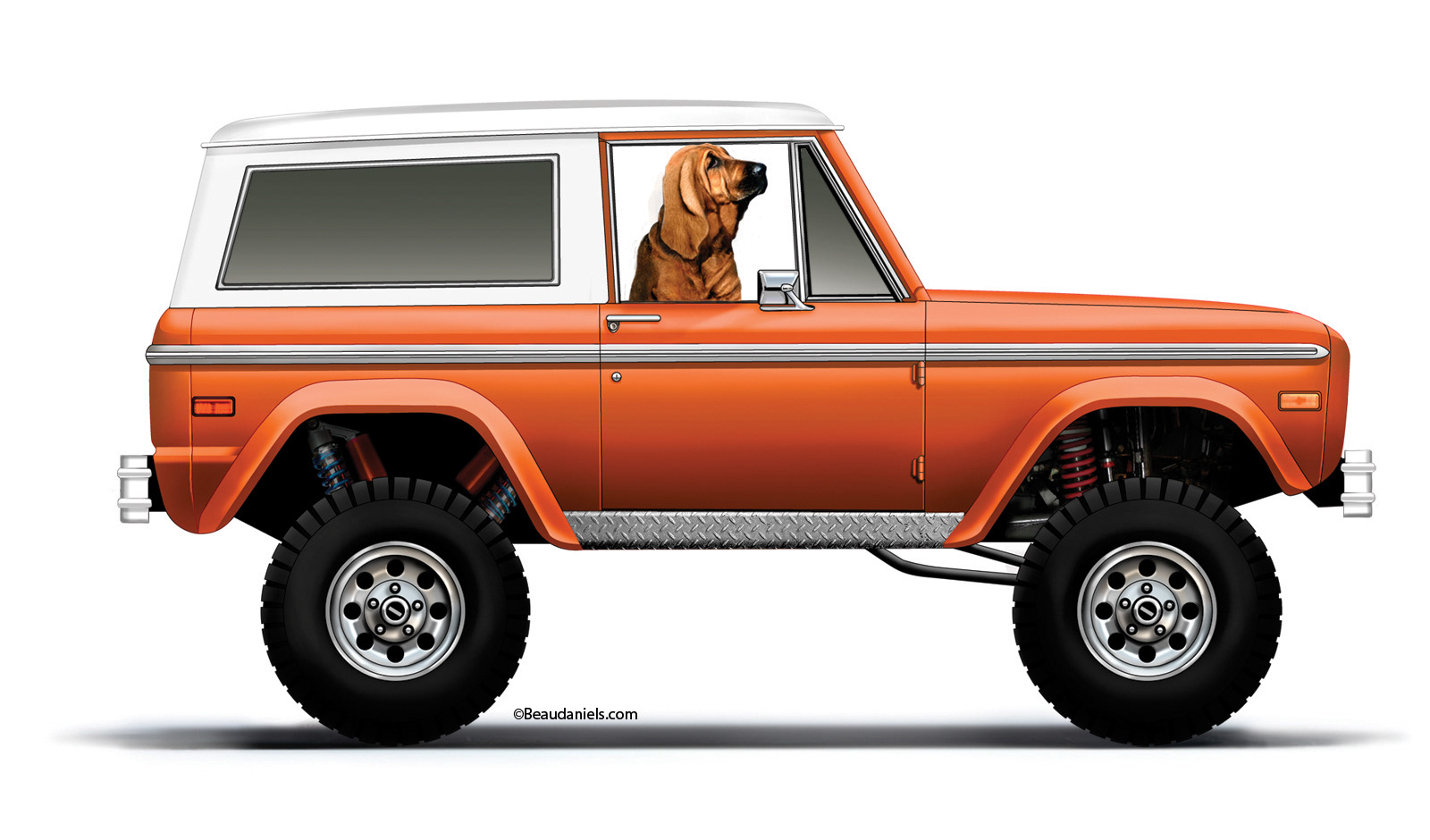A 1972 Ford Bronco and a Bloodhound