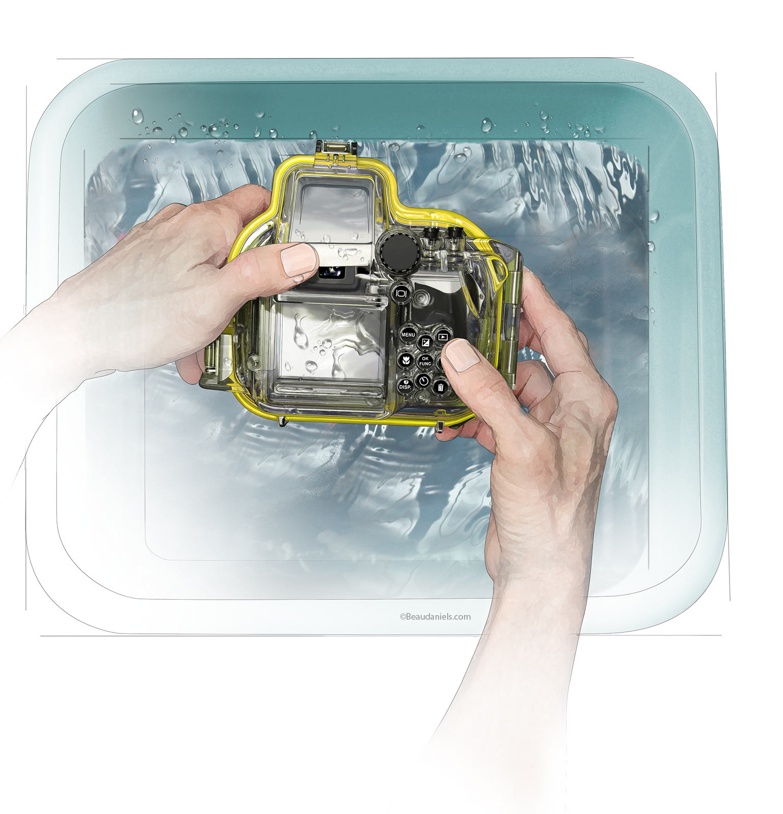 Removing water from the camera casing.