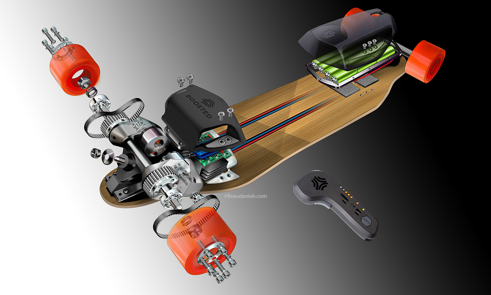 This is the final illustration of the Boosted Board, used in conferences and trade shows for Sophos a security company.