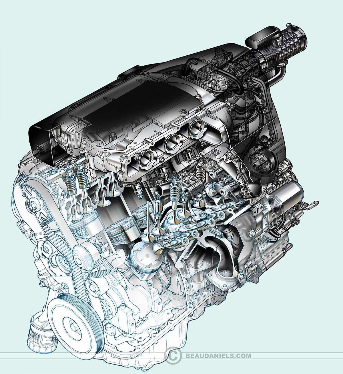 Cutaway generic V6 engine.