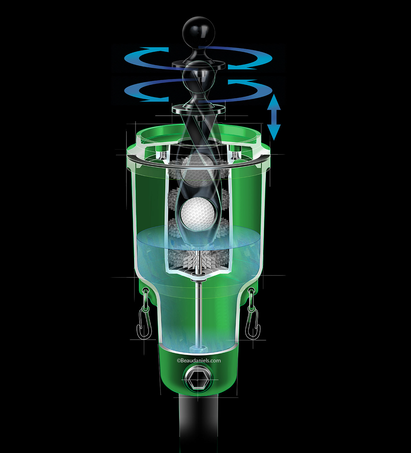 Golf ball washer, cutaway illustration