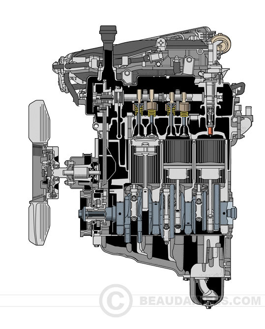 Cross section style illustration of a car engine