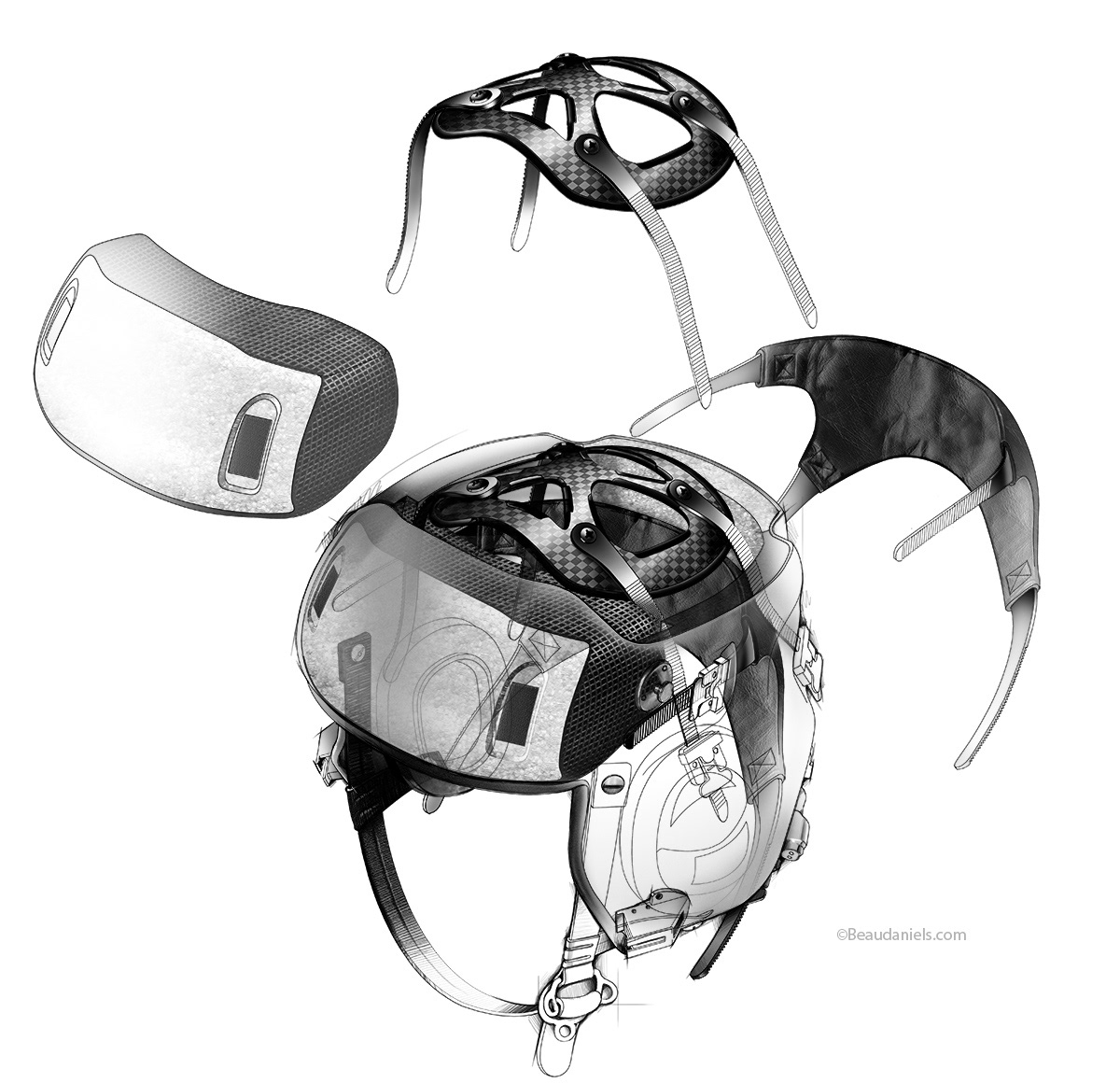 Exploded style technical illustration of a Gentex flight helmet.