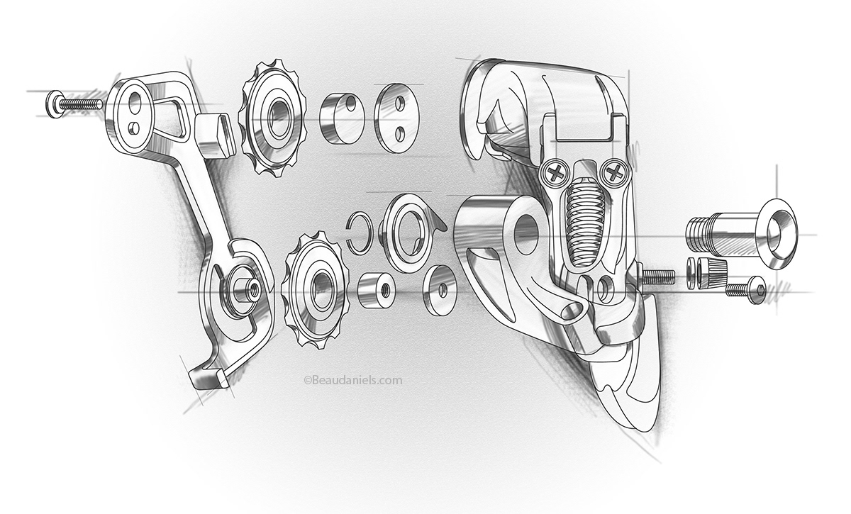 Bicycle Derailleur, exploded style technical drawing.