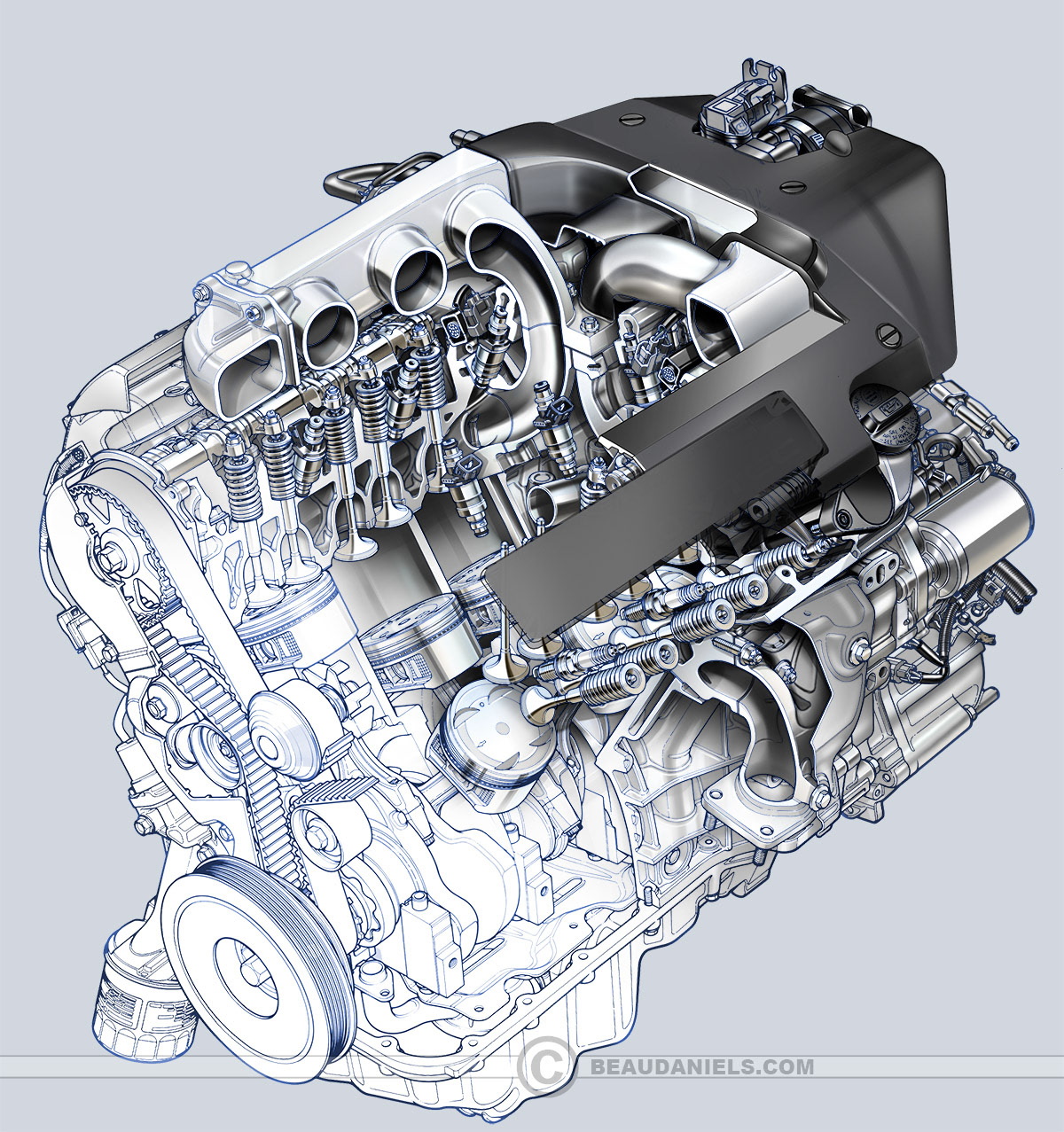 Line art to realistic generic cutaway engine.