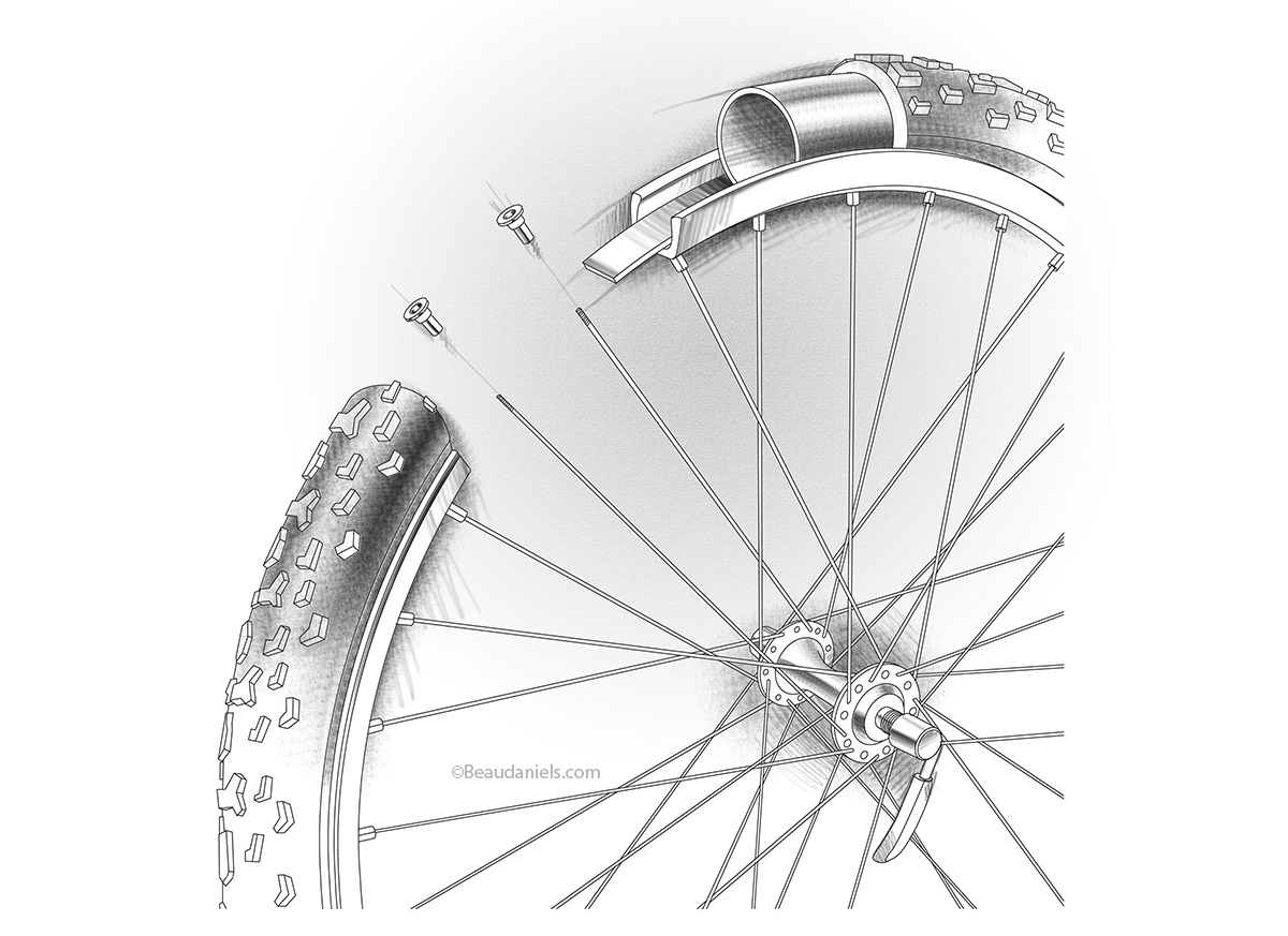 Bicycle spoke assembly. Cutaway technical illustration.