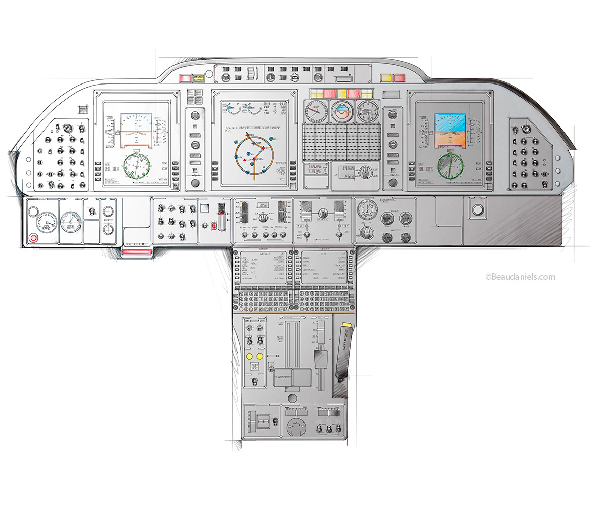 Instrument panel, line art used in the background.
