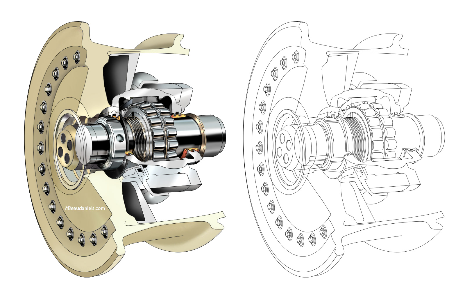Aircraft wheel bearingg assembly, cutaway illustration and the line art.