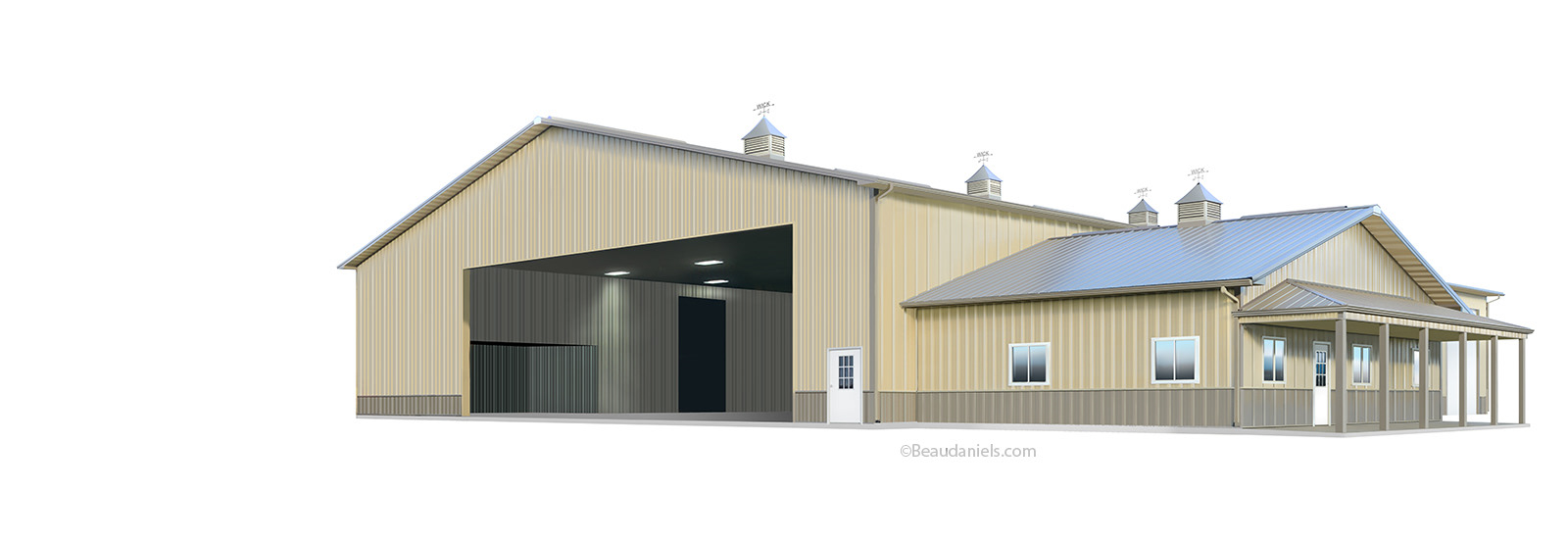 Farm Building cleaned up and retouched photo. This is the re-worked farm building that was done prior to using it as a basis for the illustration in Photoshop. We did not know where we were going to make the cuts, so it was best to illustrate the whole building then we could play arround with it later.