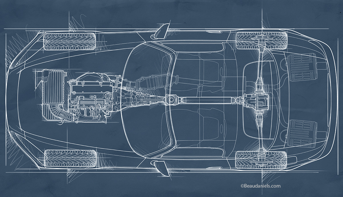 Honda S2000 cutaway illustration showing the 50/50 weight distribution.