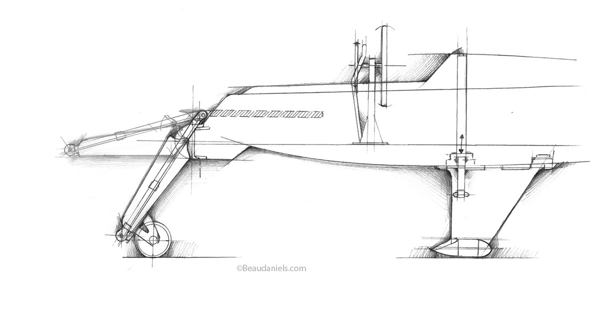 Storage of the retractable, adjustable keel.