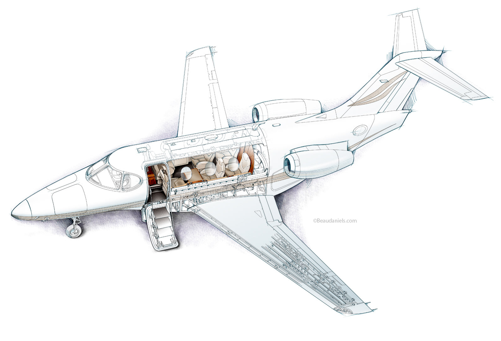 Raytheon corporate jet, cutaway technical drawing.