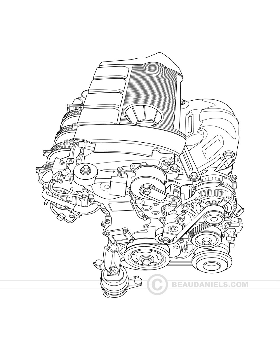 Vector line art, generic car engine.