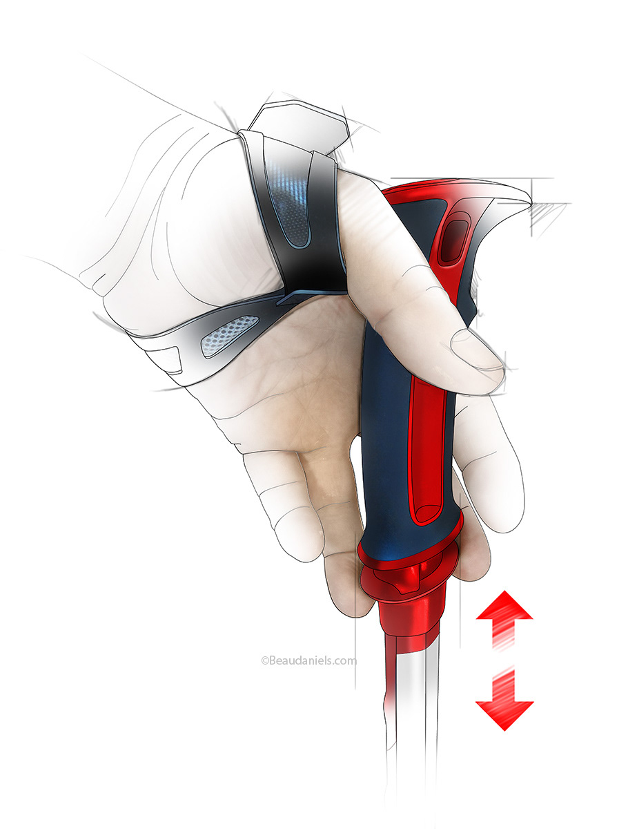 A series of technical illustrations to show the operation of their surelock mechanism in a hiking pole