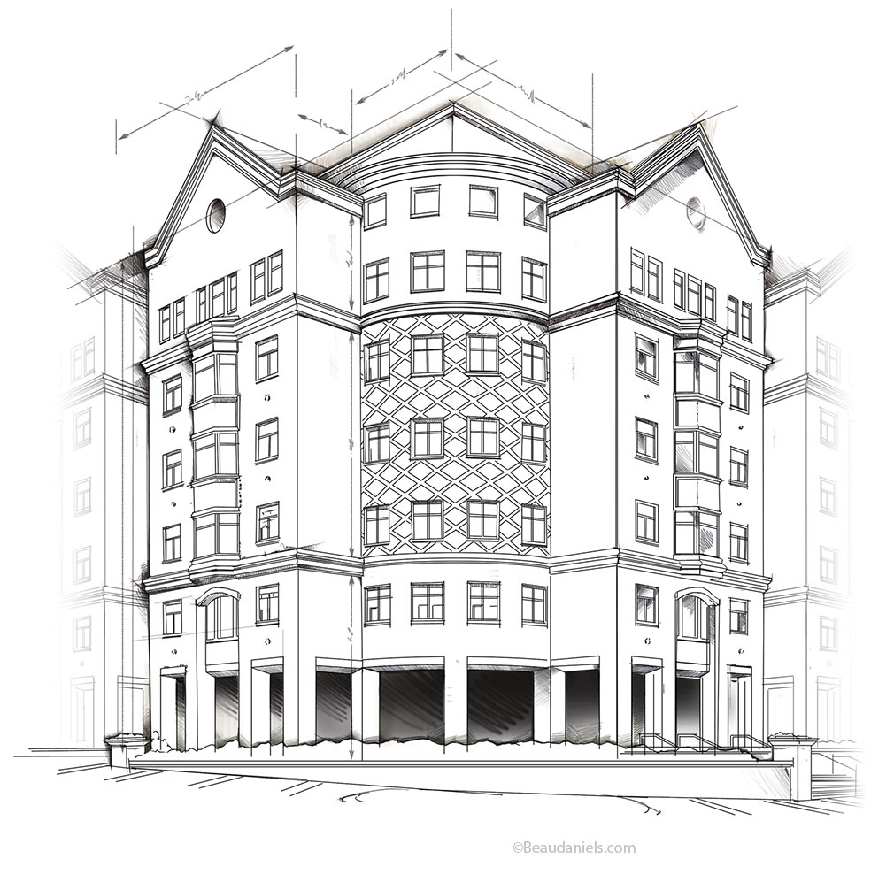 Illustrator line art for the building.