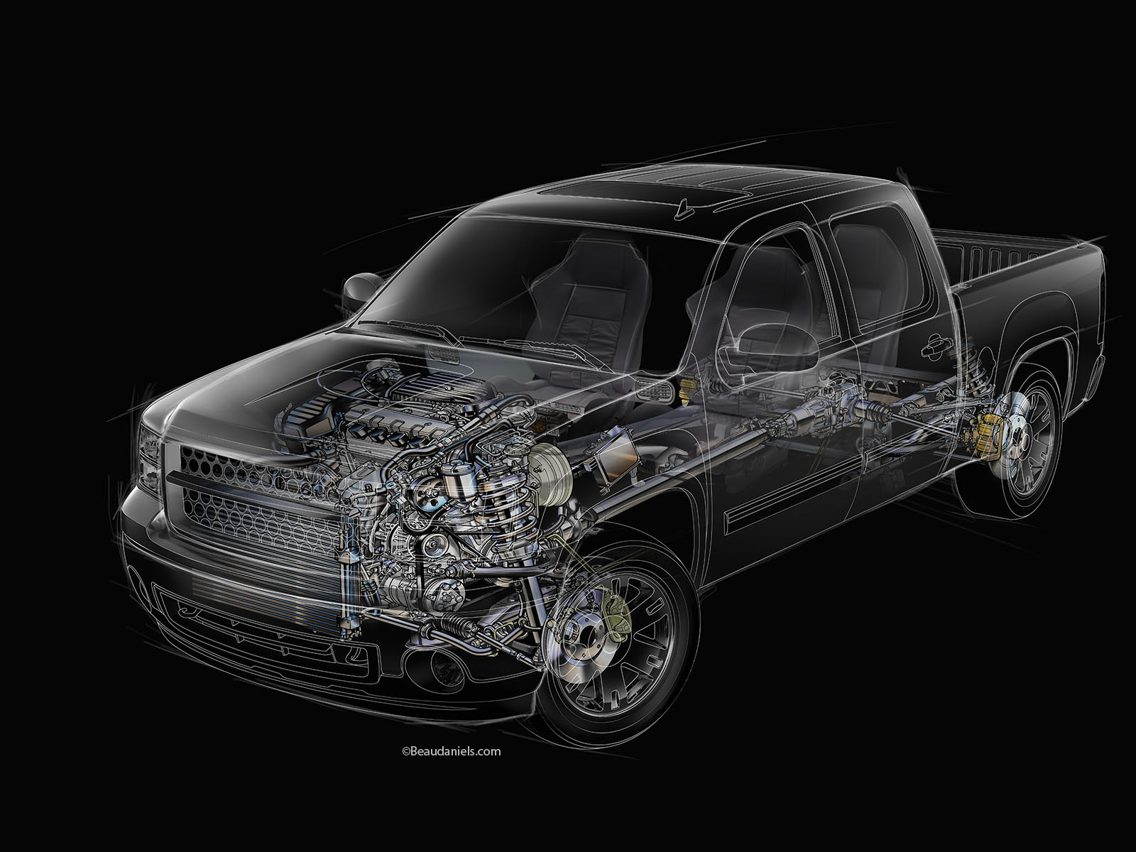 Wire frame style cutaway illustration of a generic pickup truck.