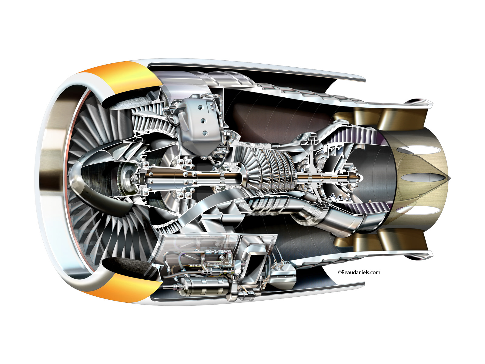 Generic cutaway aircraft engine overview. Used in print, web and as an animation asset.