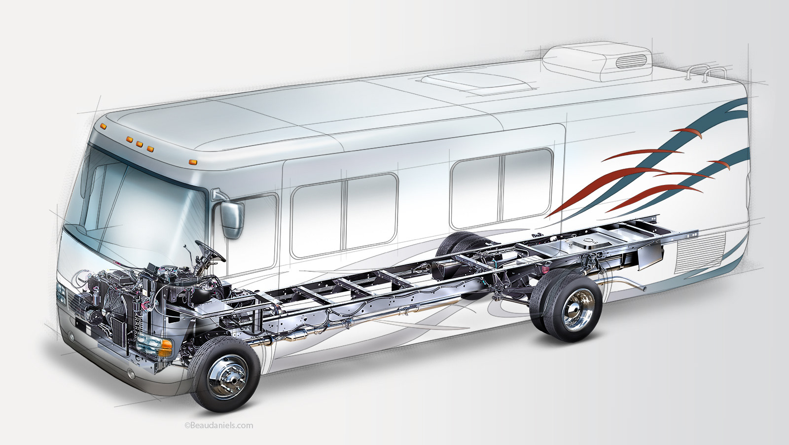 Cutaway RV showing the truck chassis.