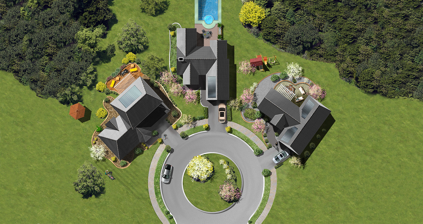 Overhead illustration for Dow Corning showing solar installation in a typical housing tract