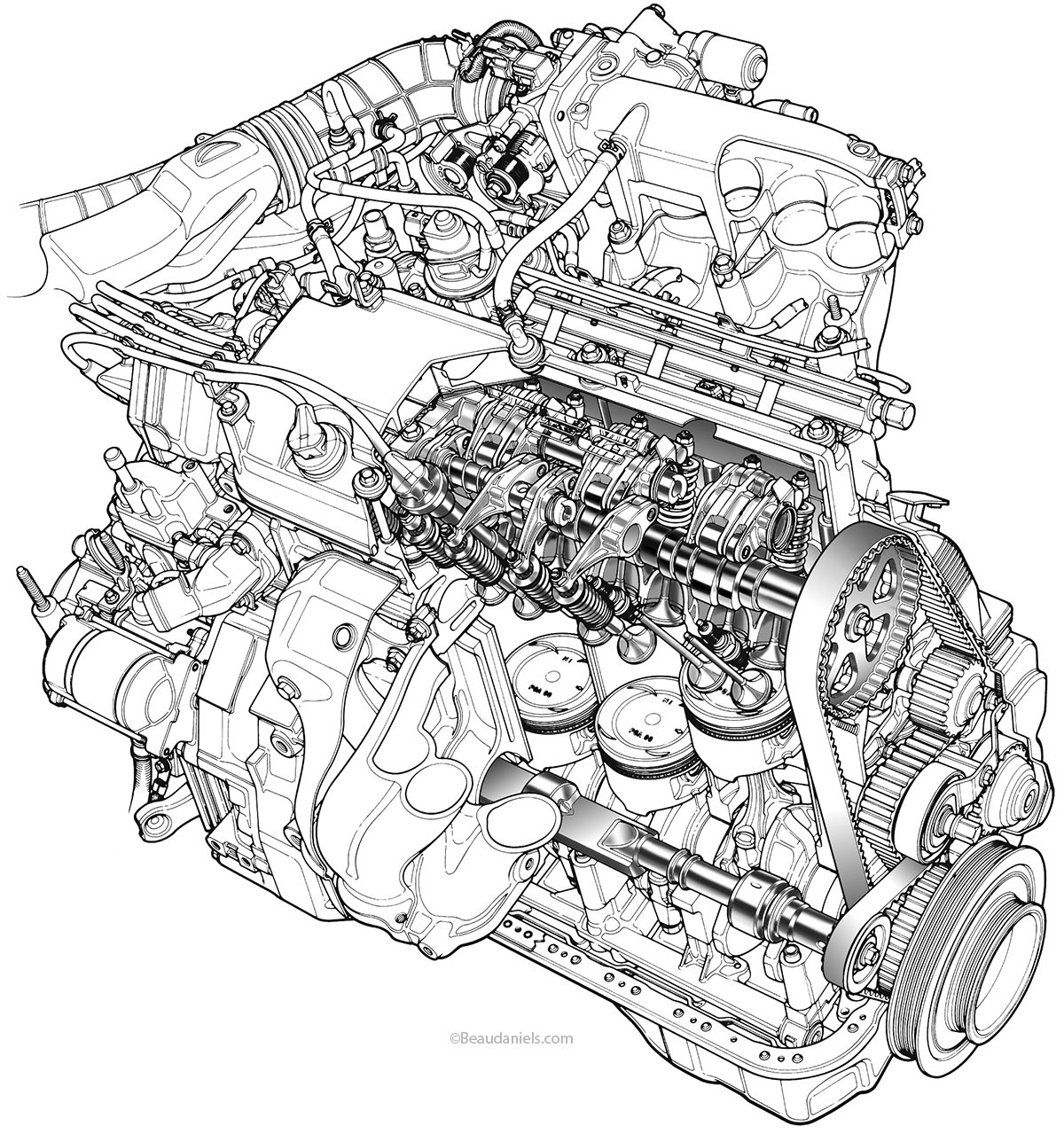 Line art of a generic car engine, six cylinder.