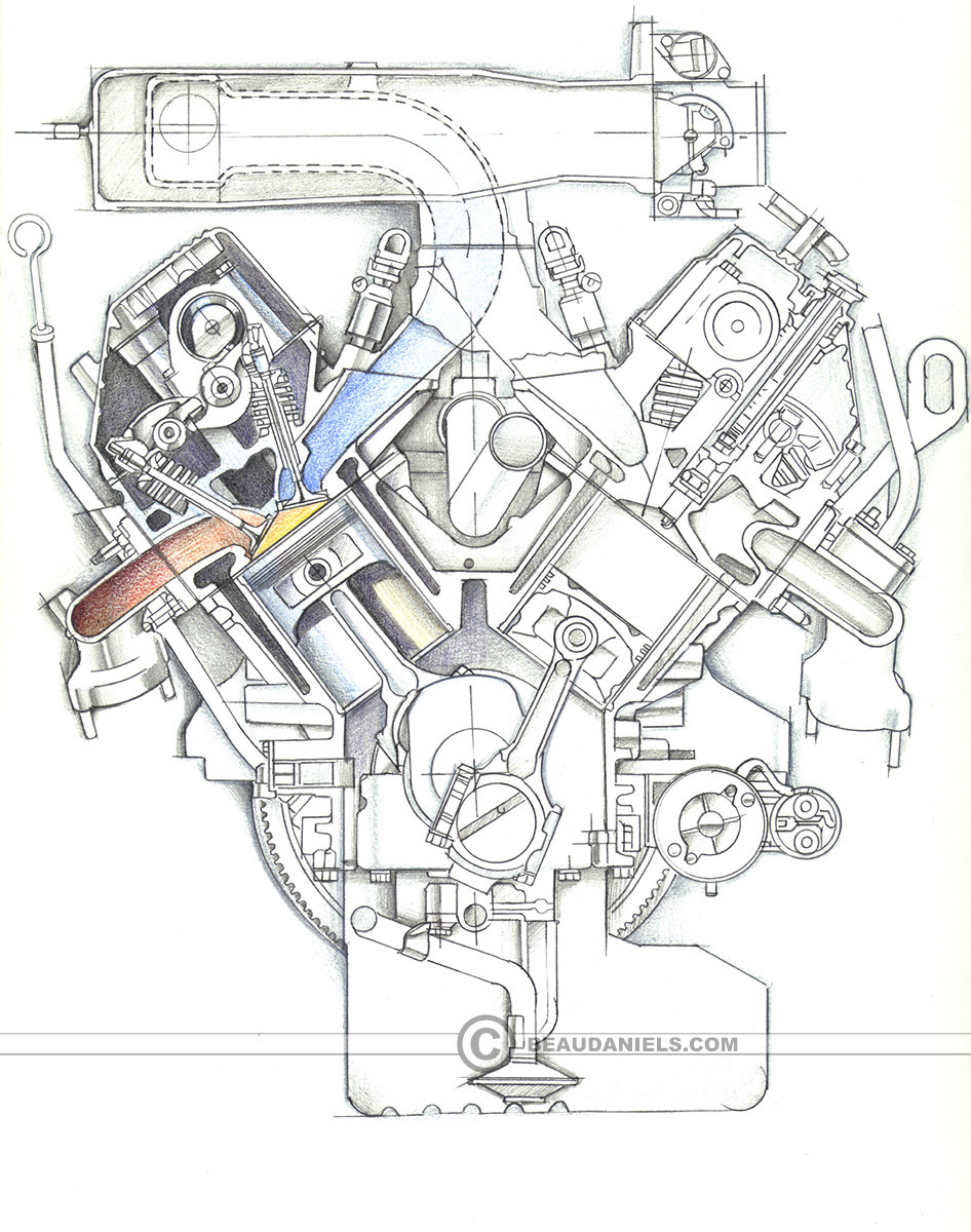 Sketch style cross section of a generic car engine