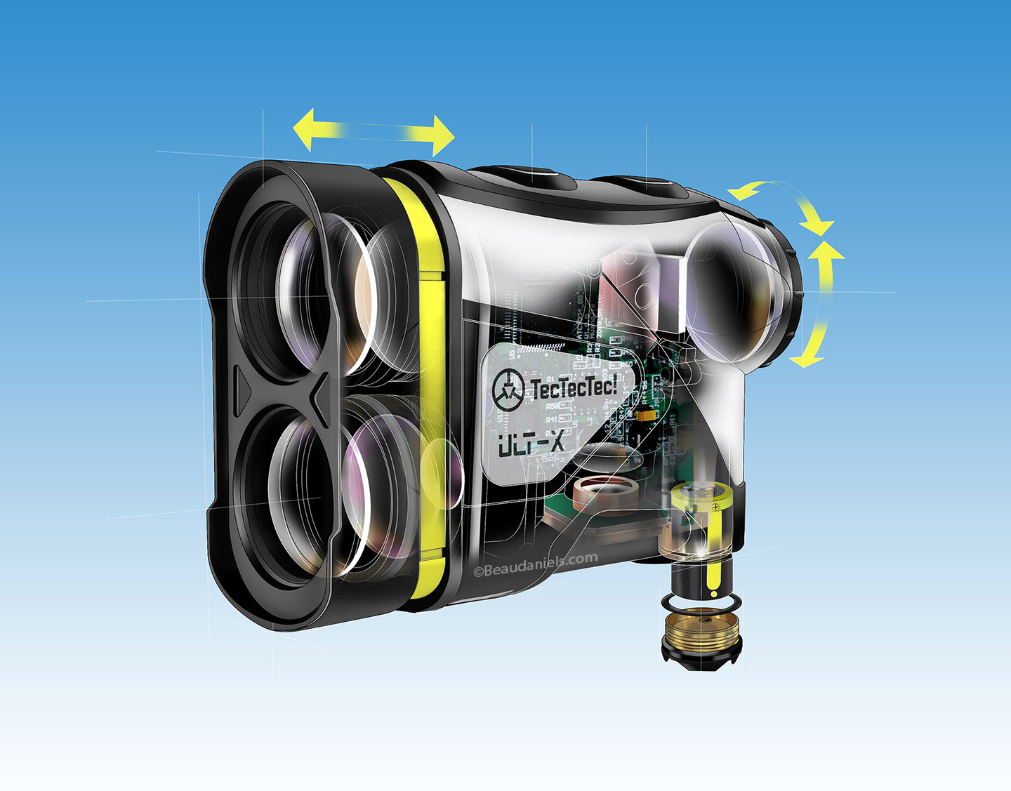 Golf range finder cutaway technical illustration.