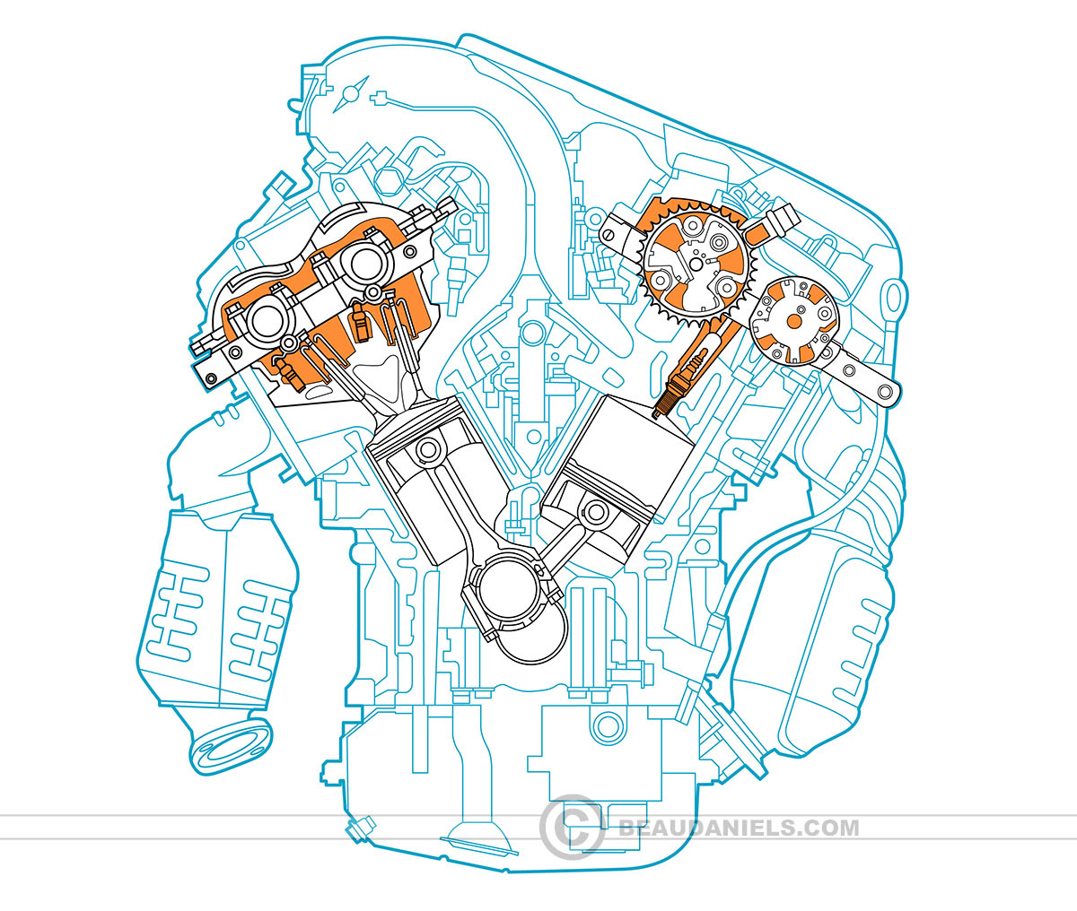 Vector line art, generic car engine.