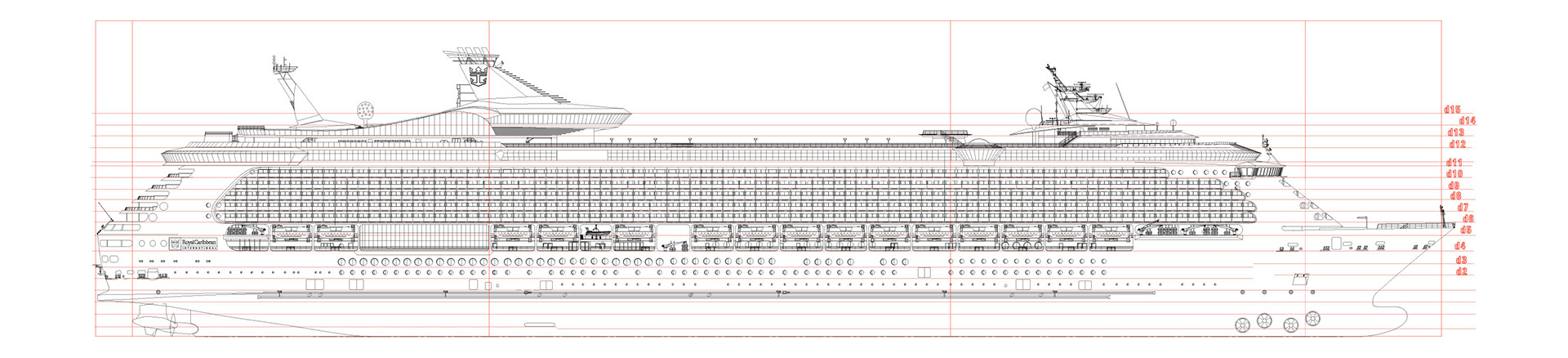 First inking of the profile in ilustrator, corrected dimensions and deck layout. "Freedom of the Seas"