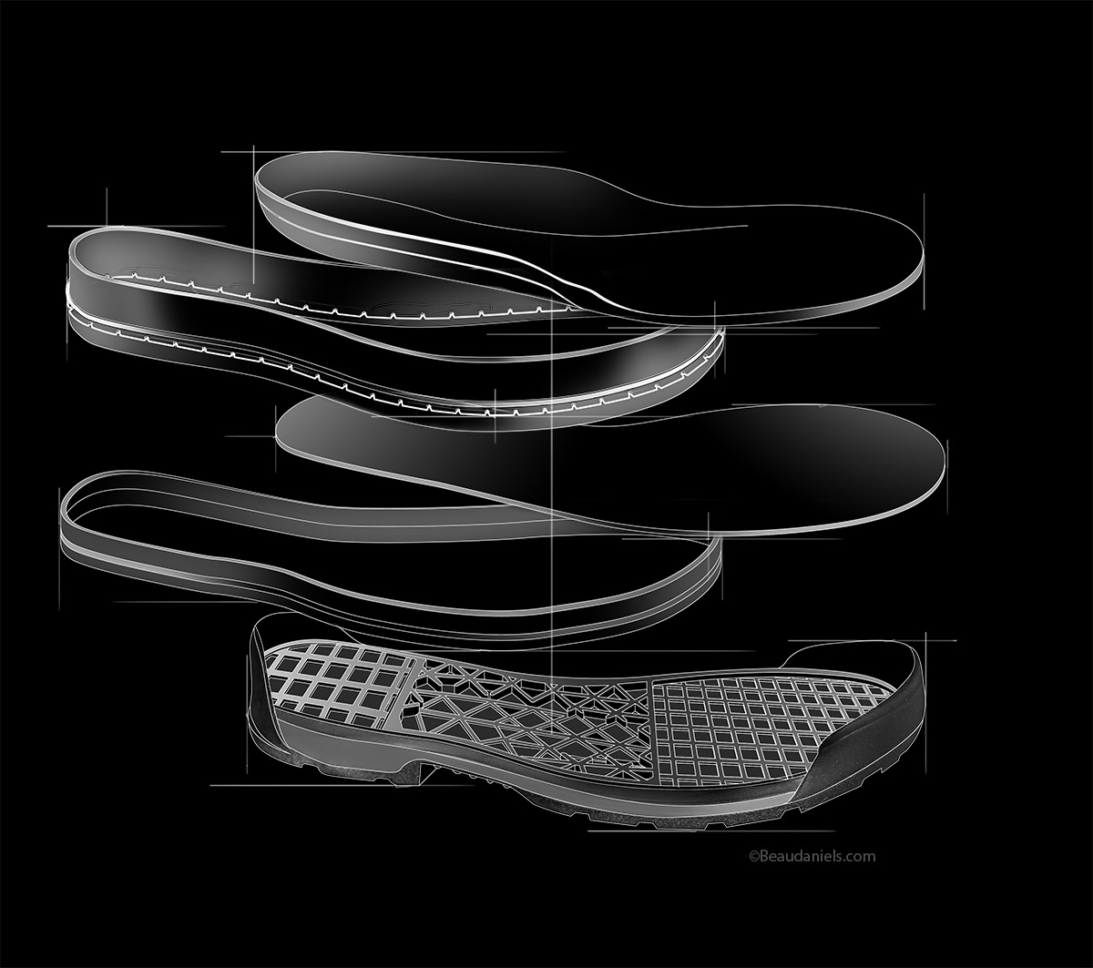 LaCrosse Cam Lock, exploded style technical illustration showing the construction of the sole.