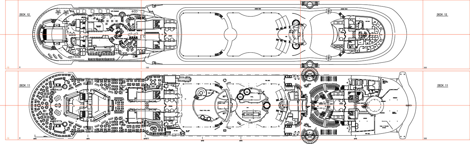 Now we can ink the individual deck plans.The red box outline are an aid to positioning the decks correctly, you just have to line up the corners and you are done. "Freedom of the Seas"