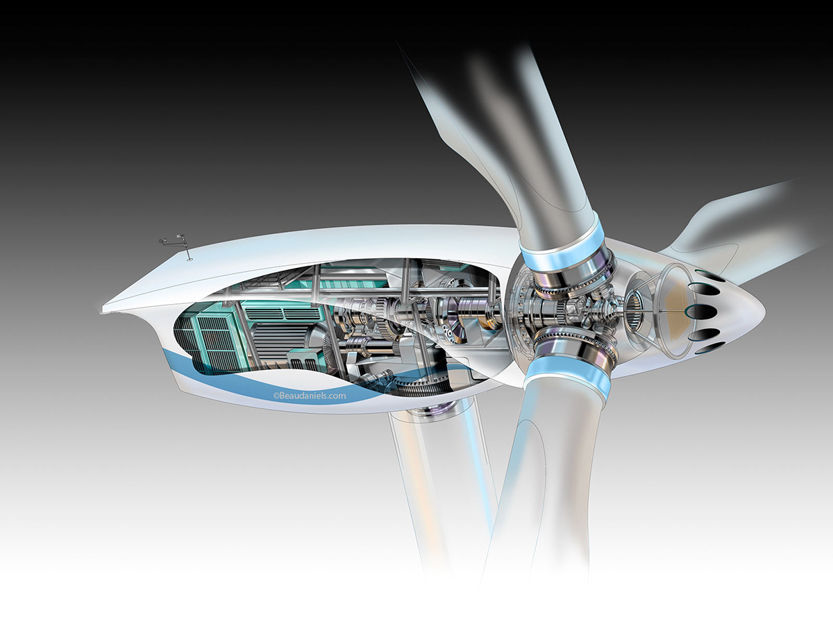 Technical illustration, Beau and Alan Daniels. - Wind Turbine cutaway