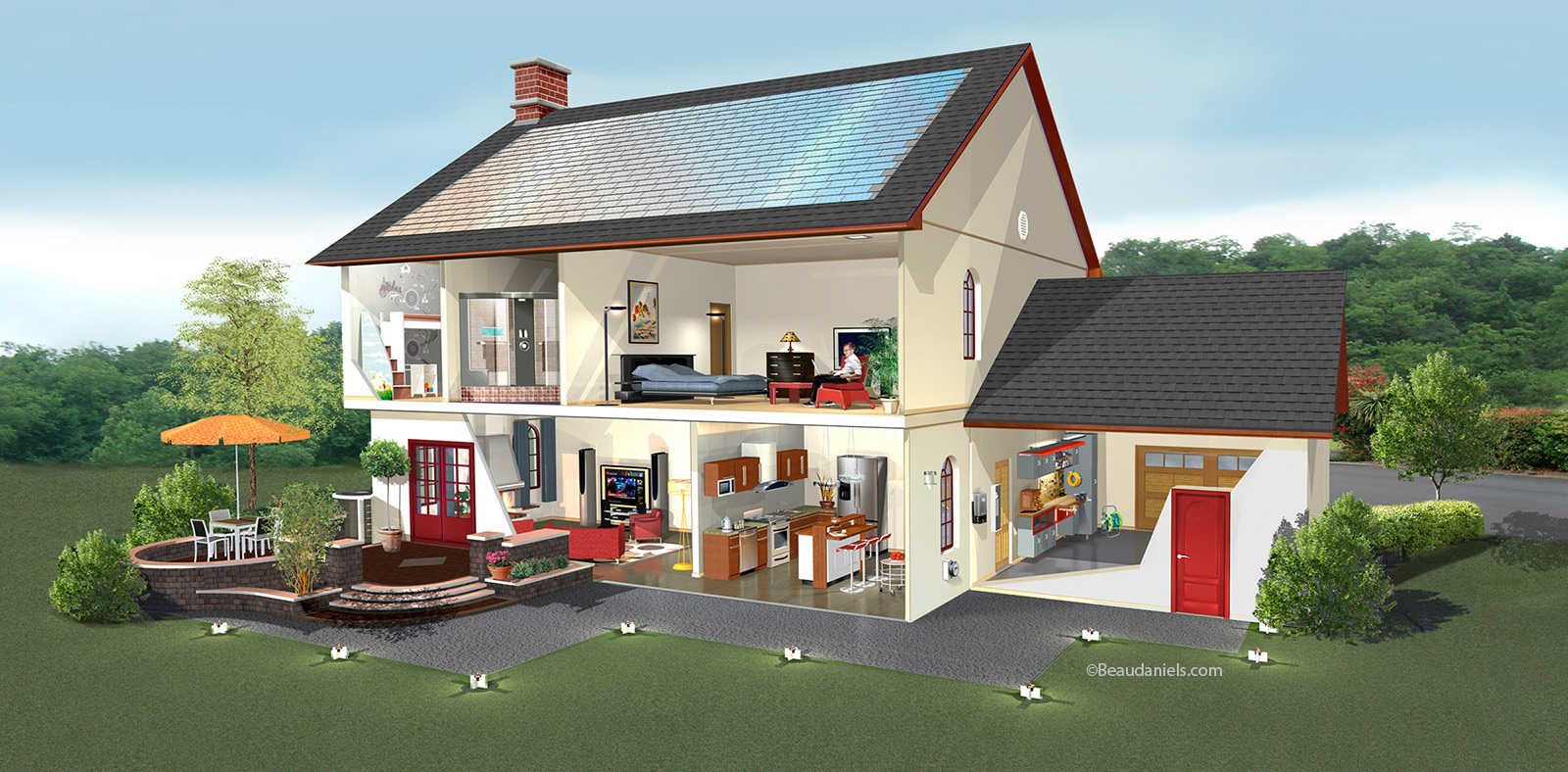 Dow Corning solar house, daytime. Part of a series of animation assets for Dow Corning.