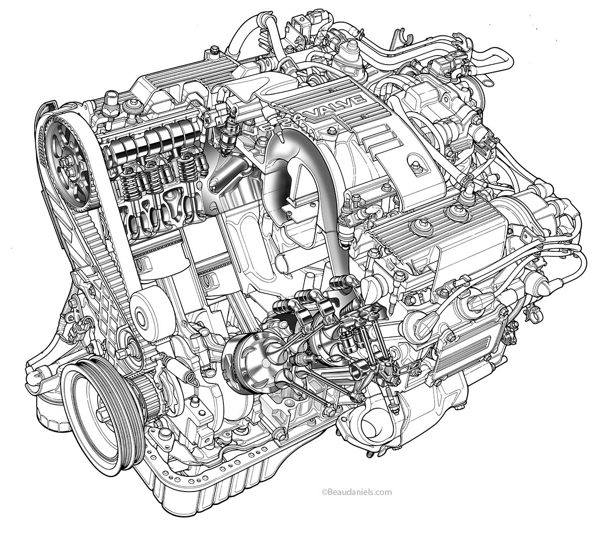 Line art of a generic car engine, six cylinder.