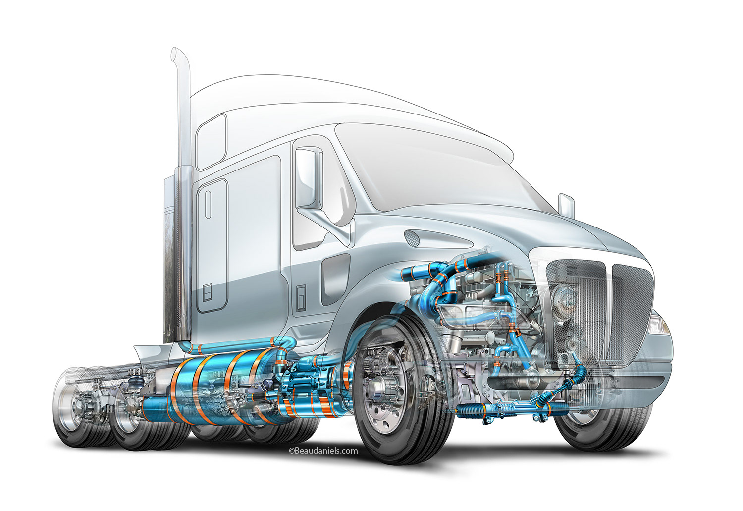Final modified stock image of a semi-truck and the clients products inserted.