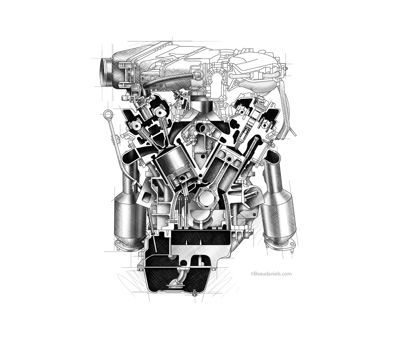 Cross section style illustration of a car engine
