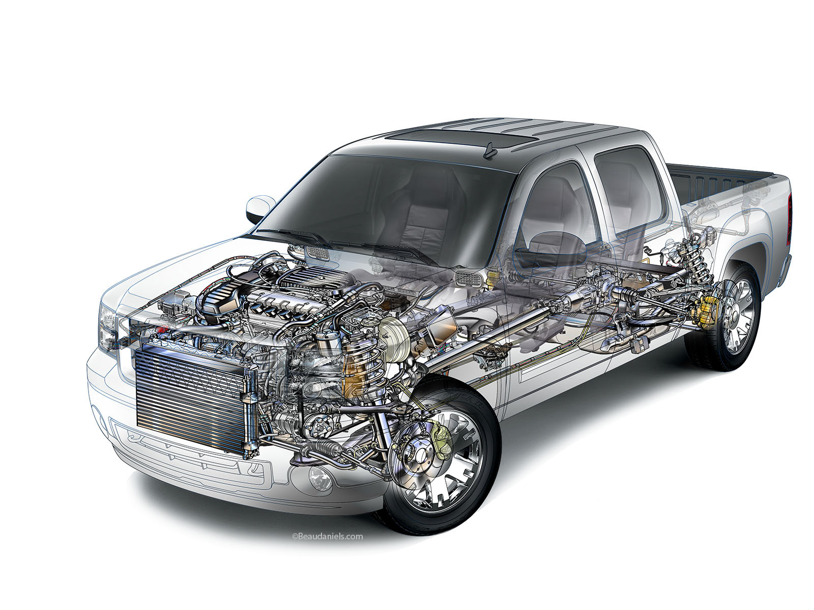 Crew cab cutaway illustration.