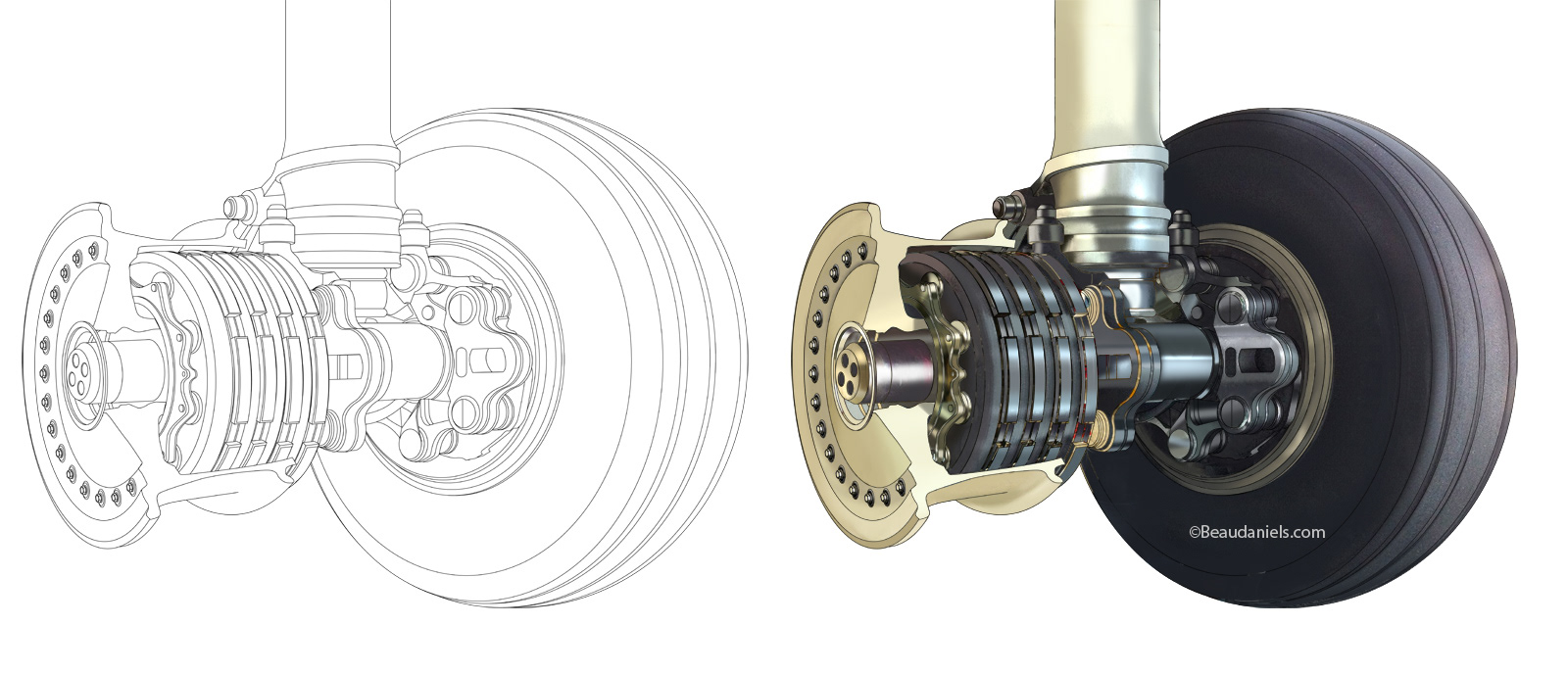 Cutaway technical illustration to show the brake assembly in a commercial aircraft.
