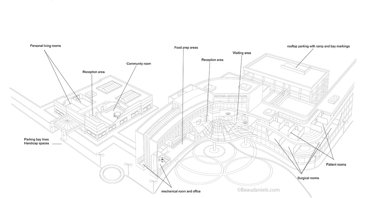 Sketch one.Cutaway medical center
