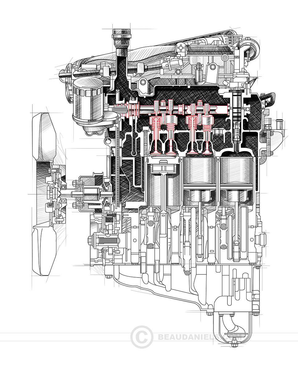 Cross section sketch style cutaway engine.