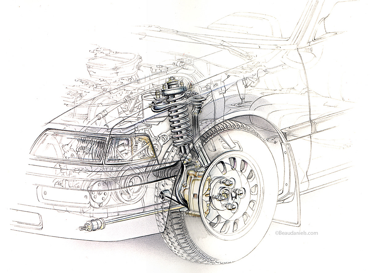 Front suspension cutaway technical illustration.