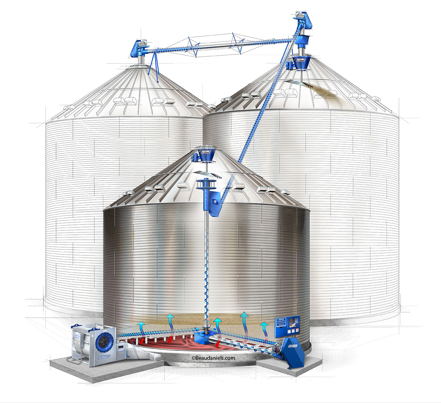 Grain silo, technical illustration.