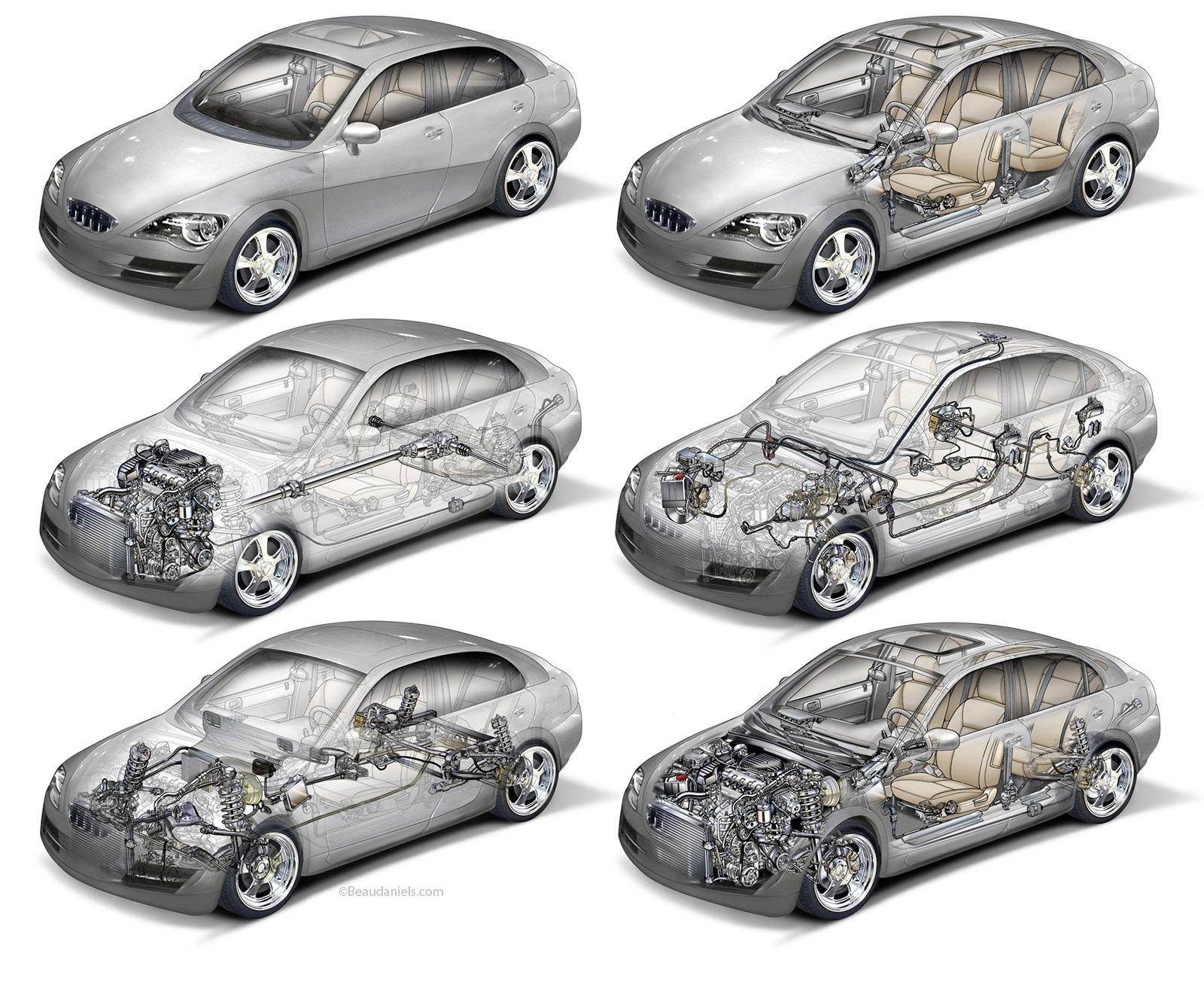Cutaway car illustration showing the various mechanical systems.