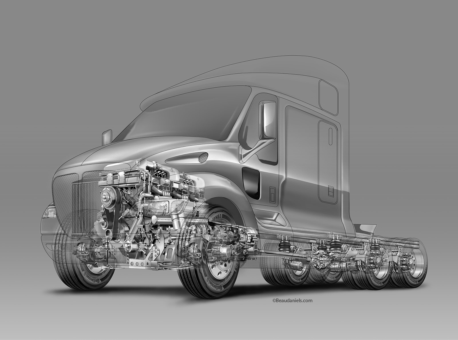 black and white semi truck illustration