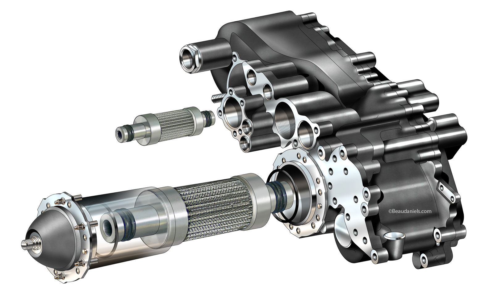 Aircraft filters and screens, exploded style technical illustration.