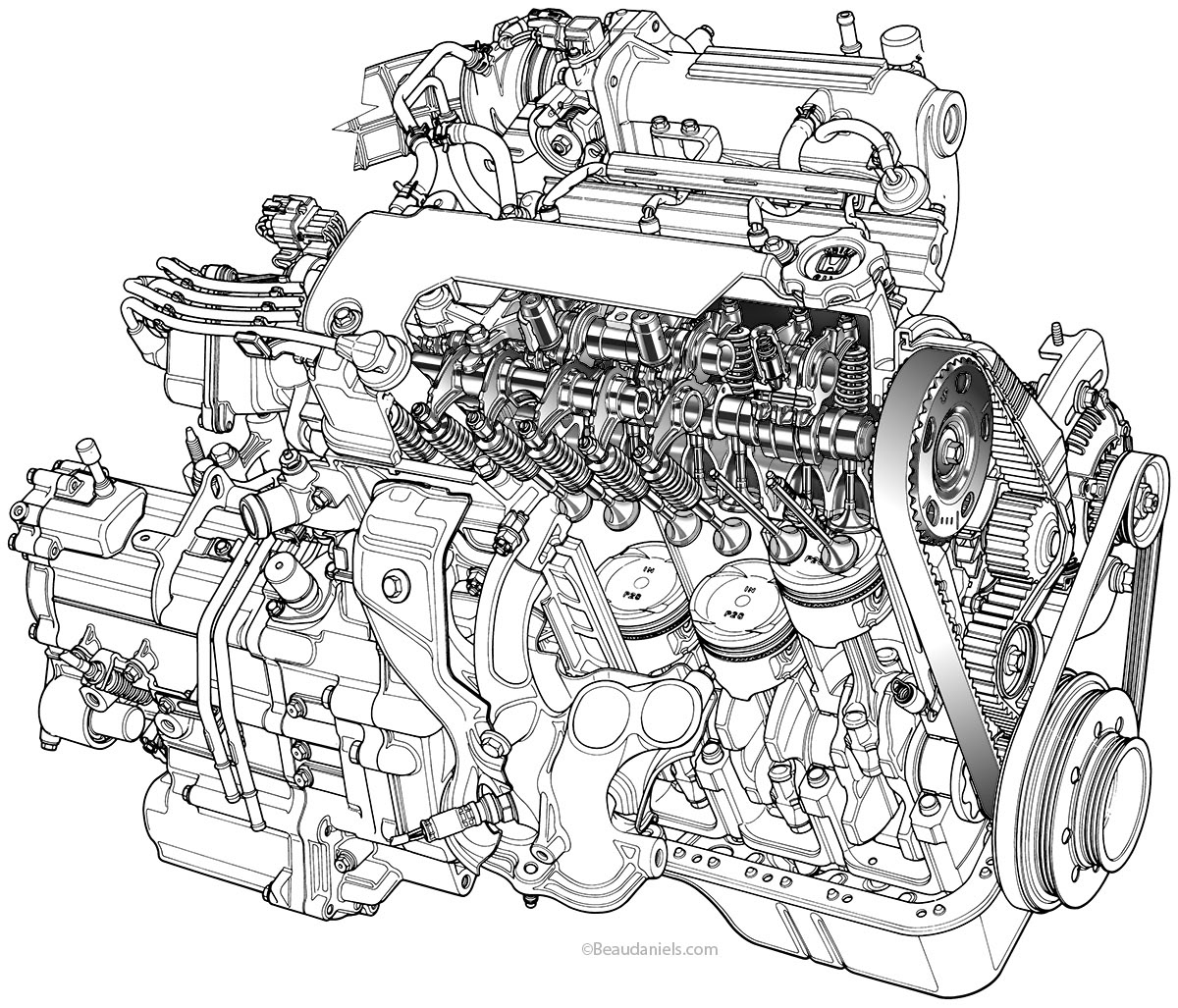 Line art of a generic car engine, four cylinder.