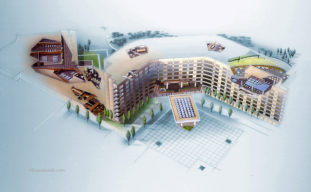 Doubletree hotel cutaway buiding.