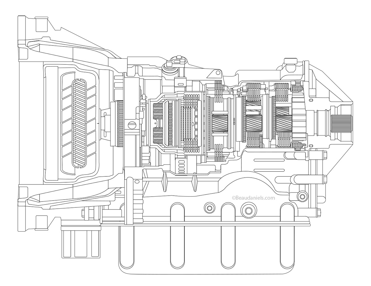 line art CROSS SECTION OF AN ALLISON STYLE TRANSMISSION.