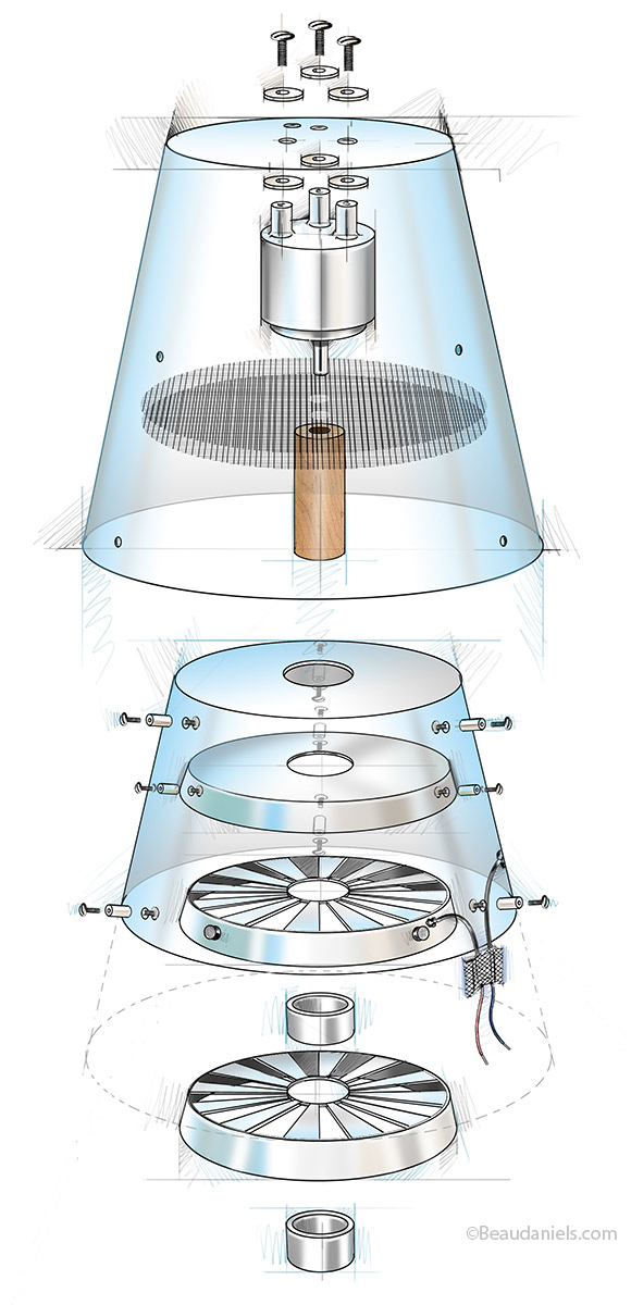 How to make a "Field mill" exploded style technical illustration.